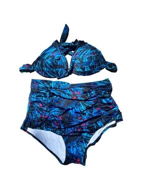 2 piece C apparel Tropical Blue High-Waist Bikini Set